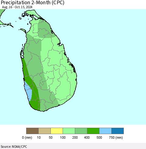 Sri Lanka Precipitation 2-Month (CPC) Thematic Map For 8/16/2024 - 10/15/2024