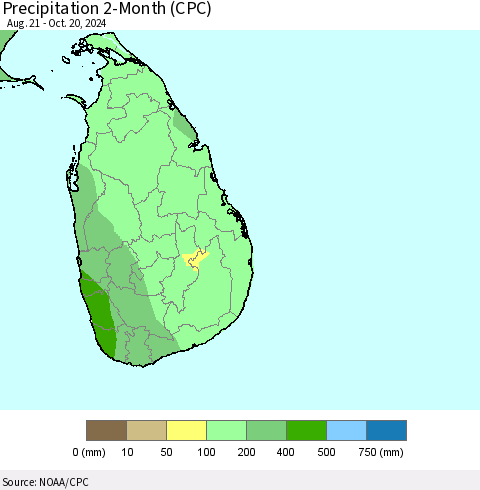 Sri Lanka Precipitation 2-Month (CPC) Thematic Map For 8/21/2024 - 10/20/2024