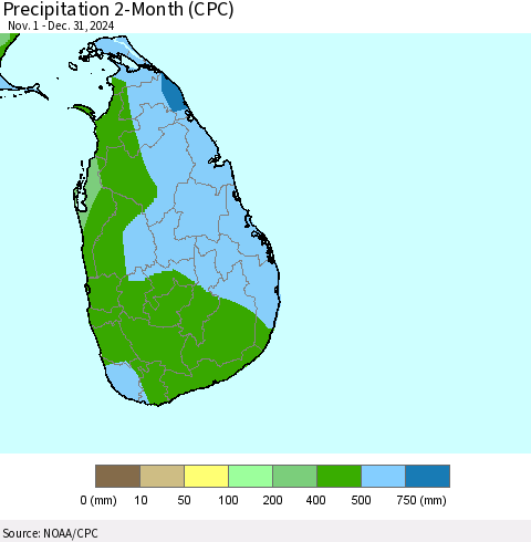 Sri Lanka Precipitation 2-Month (CPC) Thematic Map For 11/1/2024 - 12/31/2024
