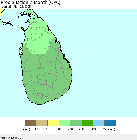 Sri Lanka Precipitation 2-Month (CPC) Thematic Map For 1/26/2025 - 3/25/2025