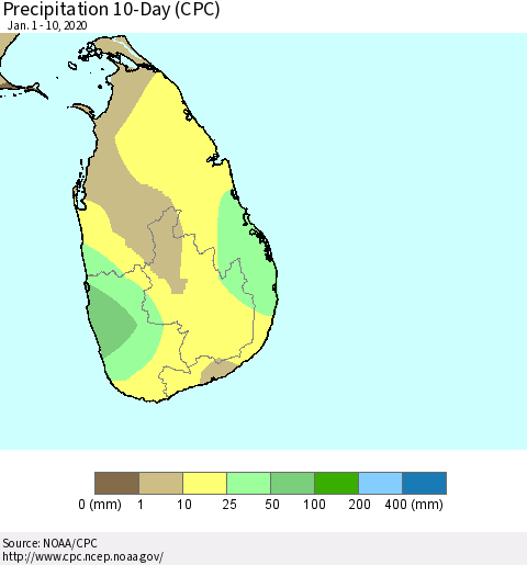 Sri Lanka Precipitation 10-Day (CPC) Thematic Map For 1/1/2020 - 1/10/2020