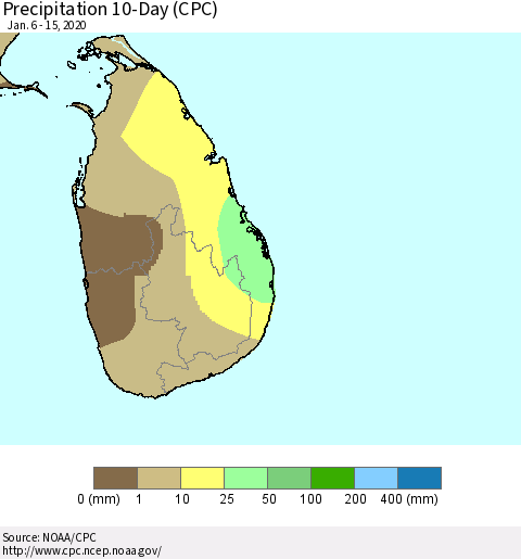 Sri Lanka Precipitation 10-Day (CPC) Thematic Map For 1/6/2020 - 1/15/2020