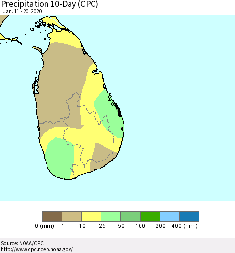 Sri Lanka Precipitation 10-Day (CPC) Thematic Map For 1/11/2020 - 1/20/2020