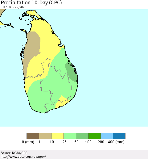Sri Lanka Precipitation 10-Day (CPC) Thematic Map For 1/16/2020 - 1/25/2020