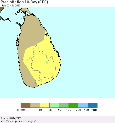 Sri Lanka Precipitation 10-Day (CPC) Thematic Map For 1/21/2020 - 1/31/2020