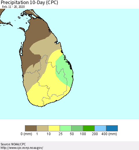 Sri Lanka Precipitation 10-Day (CPC) Thematic Map For 2/11/2020 - 2/20/2020