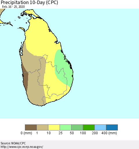 Sri Lanka Precipitation 10-Day (CPC) Thematic Map For 2/16/2020 - 2/25/2020