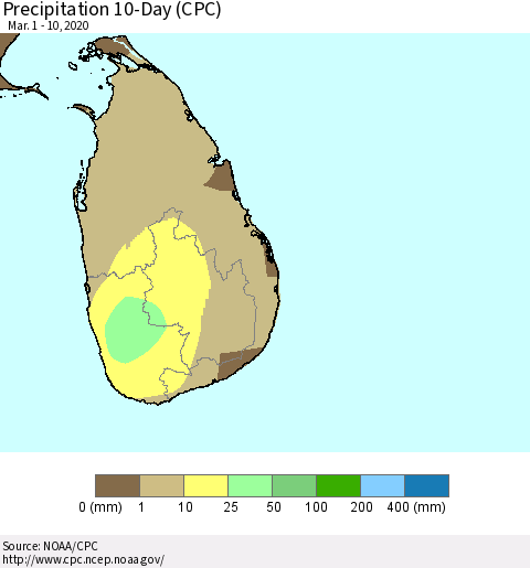 Sri Lanka Precipitation 10-Day (CPC) Thematic Map For 3/1/2020 - 3/10/2020