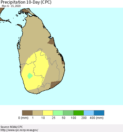 Sri Lanka Precipitation 10-Day (CPC) Thematic Map For 3/6/2020 - 3/15/2020