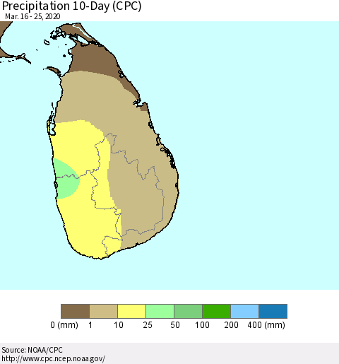 Sri Lanka Precipitation 10-Day (CPC) Thematic Map For 3/16/2020 - 3/25/2020