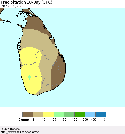 Sri Lanka Precipitation 10-Day (CPC) Thematic Map For 3/21/2020 - 3/31/2020
