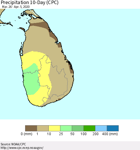 Sri Lanka Precipitation 10-Day (CPC) Thematic Map For 3/26/2020 - 4/5/2020