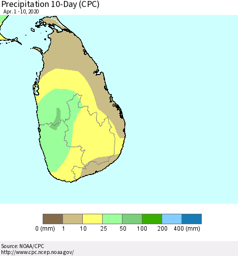 Sri Lanka Precipitation 10-Day (CPC) Thematic Map For 4/1/2020 - 4/10/2020
