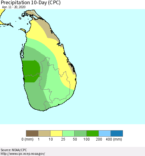 Sri Lanka Precipitation 10-Day (CPC) Thematic Map For 4/11/2020 - 4/20/2020