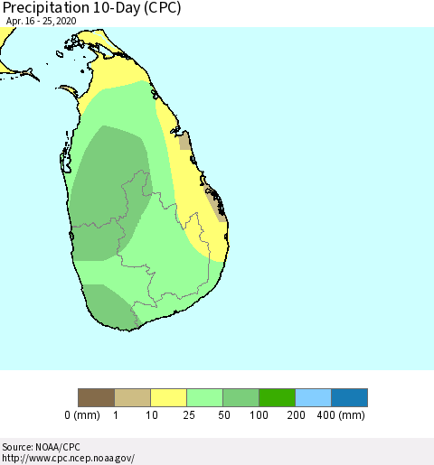 Sri Lanka Precipitation 10-Day (CPC) Thematic Map For 4/16/2020 - 4/25/2020