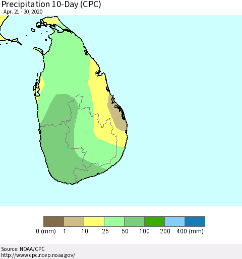 Sri Lanka Precipitation 10-Day (CPC) Thematic Map For 4/21/2020 - 4/30/2020