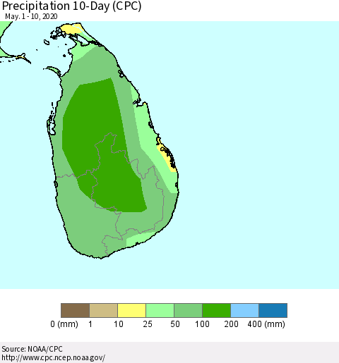 Sri Lanka Precipitation 10-Day (CPC) Thematic Map For 5/1/2020 - 5/10/2020