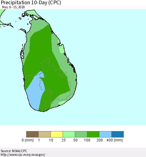 Sri Lanka Precipitation 10-Day (CPC) Thematic Map For 5/6/2020 - 5/15/2020