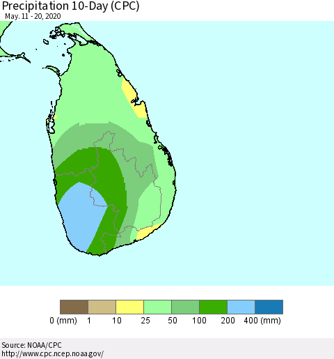 Sri Lanka Precipitation 10-Day (CPC) Thematic Map For 5/11/2020 - 5/20/2020