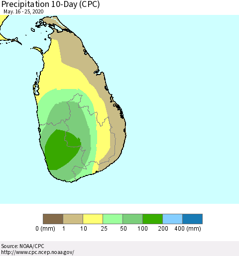 Sri Lanka Precipitation 10-Day (CPC) Thematic Map For 5/16/2020 - 5/25/2020