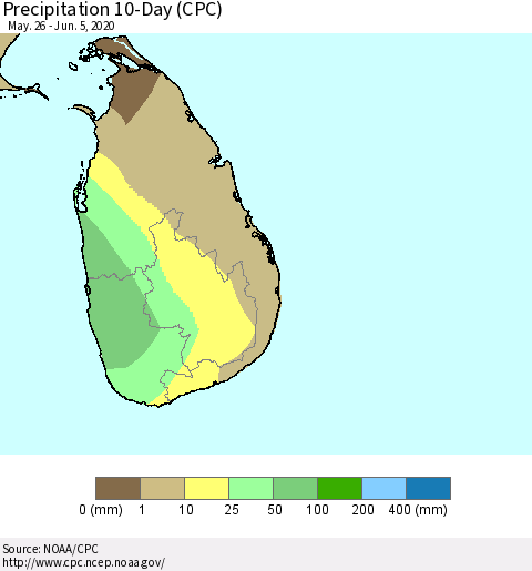 Sri Lanka Precipitation 10-Day (CPC) Thematic Map For 5/26/2020 - 6/5/2020