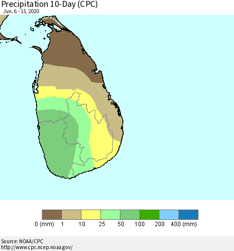Sri Lanka Precipitation 10-Day (CPC) Thematic Map For 6/6/2020 - 6/15/2020