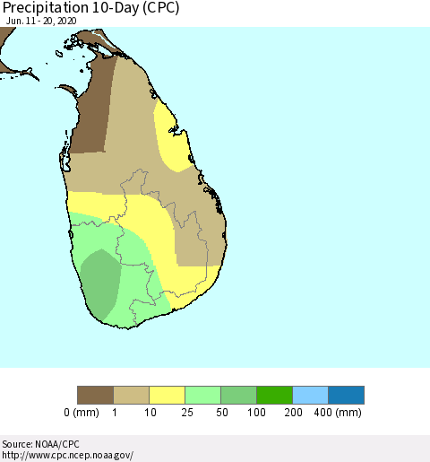 Sri Lanka Precipitation 10-Day (CPC) Thematic Map For 6/11/2020 - 6/20/2020