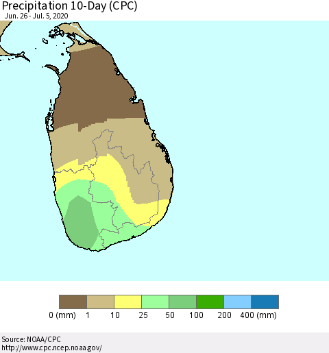 Sri Lanka Precipitation 10-Day (CPC) Thematic Map For 6/26/2020 - 7/5/2020