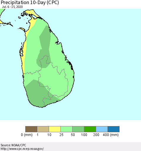 Sri Lanka Precipitation 10-Day (CPC) Thematic Map For 7/6/2020 - 7/15/2020
