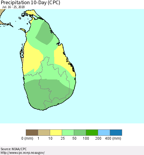 Sri Lanka Precipitation 10-Day (CPC) Thematic Map For 7/16/2020 - 7/25/2020