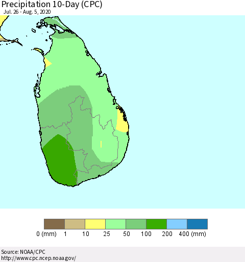 Sri Lanka Precipitation 10-Day (CPC) Thematic Map For 7/26/2020 - 8/5/2020