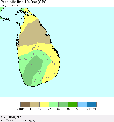 Sri Lanka Precipitation 10-Day (CPC) Thematic Map For 8/6/2020 - 8/15/2020