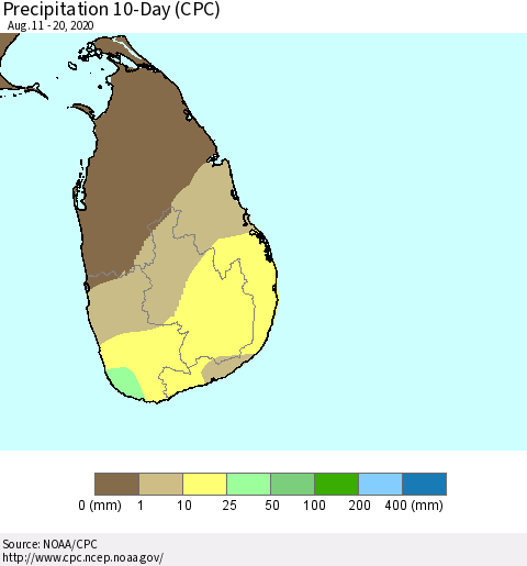 Sri Lanka Precipitation 10-Day (CPC) Thematic Map For 8/11/2020 - 8/20/2020