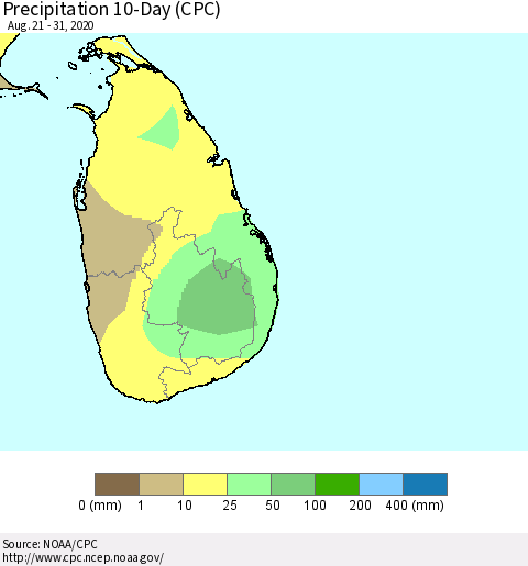 Sri Lanka Precipitation 10-Day (CPC) Thematic Map For 8/21/2020 - 8/31/2020