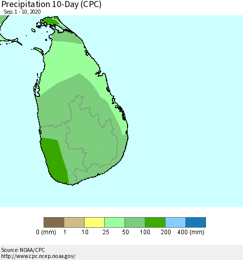Sri Lanka Precipitation 10-Day (CPC) Thematic Map For 9/1/2020 - 9/10/2020