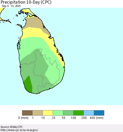 Sri Lanka Precipitation 10-Day (CPC) Thematic Map For 9/6/2020 - 9/15/2020