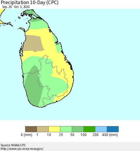 Sri Lanka Precipitation 10-Day (CPC) Thematic Map For 9/26/2020 - 10/5/2020