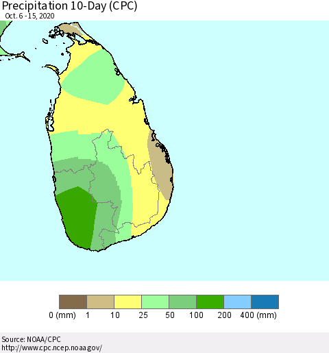Sri Lanka Precipitation 10-Day (CPC) Thematic Map For 10/6/2020 - 10/15/2020