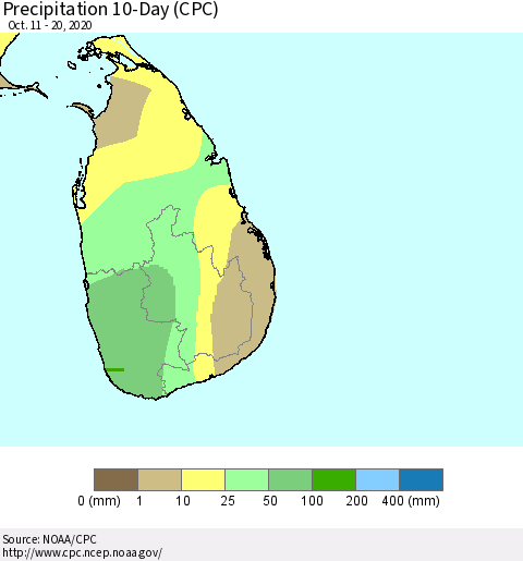 Sri Lanka Precipitation 10-Day (CPC) Thematic Map For 10/11/2020 - 10/20/2020