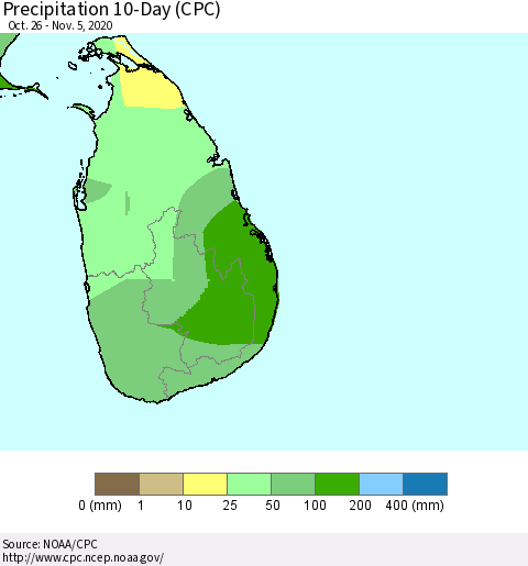 Sri Lanka Precipitation 10-Day (CPC) Thematic Map For 10/26/2020 - 11/5/2020