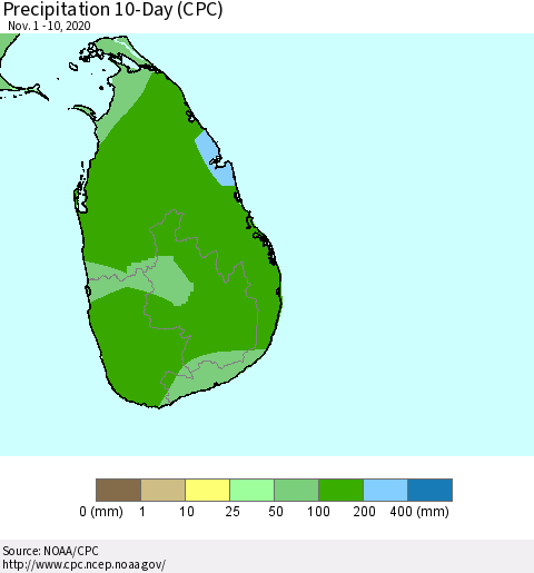 Sri Lanka Precipitation 10-Day (CPC) Thematic Map For 11/1/2020 - 11/10/2020