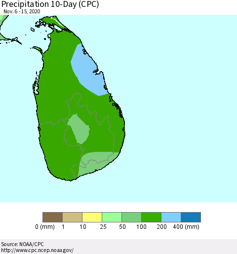 Sri Lanka Precipitation 10-Day (CPC) Thematic Map For 11/6/2020 - 11/15/2020