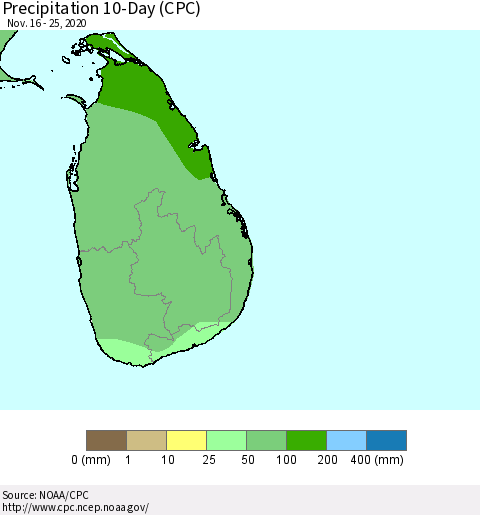 Sri Lanka Precipitation 10-Day (CPC) Thematic Map For 11/16/2020 - 11/25/2020