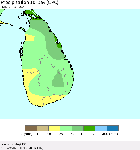 Sri Lanka Precipitation 10-Day (CPC) Thematic Map For 11/21/2020 - 11/30/2020