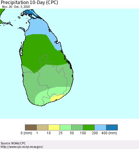 Sri Lanka Precipitation 10-Day (CPC) Thematic Map For 11/26/2020 - 12/5/2020