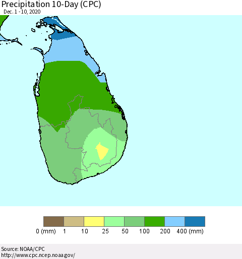 Sri Lanka Precipitation 10-Day (CPC) Thematic Map For 12/1/2020 - 12/10/2020