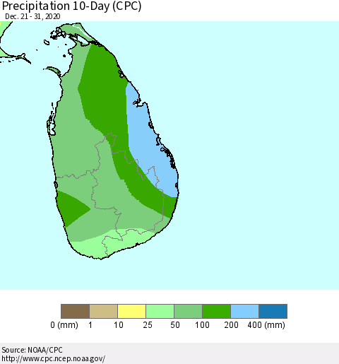 Sri Lanka Precipitation 10-Day (CPC) Thematic Map For 12/21/2020 - 12/31/2020