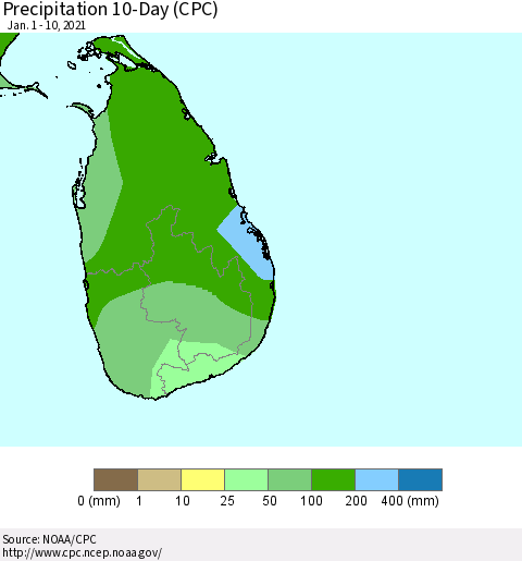 Sri Lanka Precipitation 10-Day (CPC) Thematic Map For 1/1/2021 - 1/10/2021