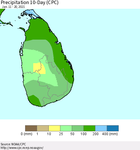 Sri Lanka Precipitation 10-Day (CPC) Thematic Map For 1/11/2021 - 1/20/2021