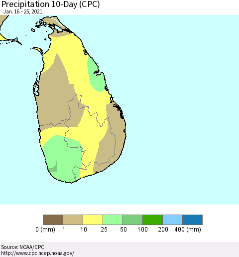 Sri Lanka Precipitation 10-Day (CPC) Thematic Map For 1/16/2021 - 1/25/2021